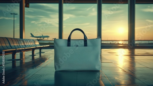 A stylish white bag sits in the foreground at an airport, with sunlight streaming in through large windows and an airplane in the background. photo