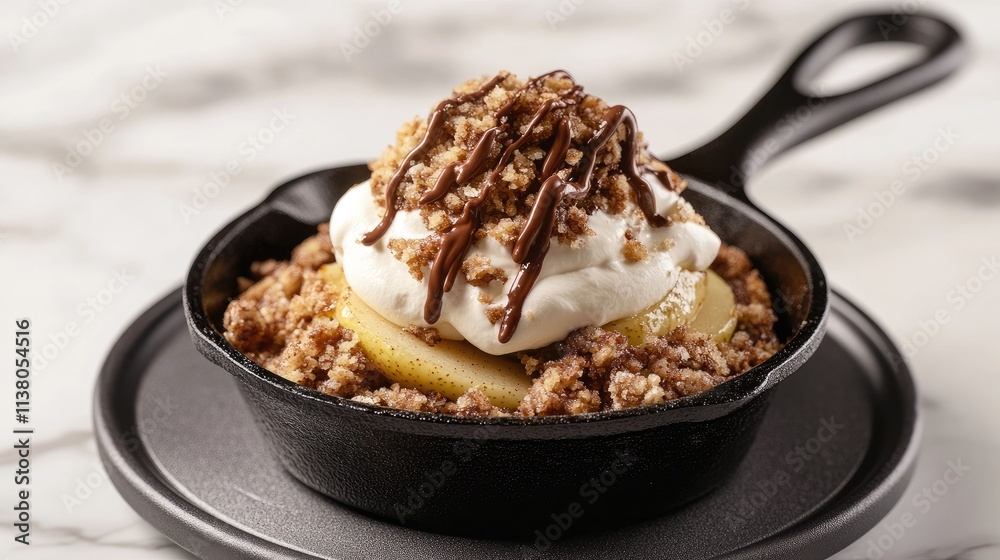 Pear and chocolate crumble in cast iron skillet topped with whipped cream and chocolate drizzle on marble background Pear and chocolate crumble in cast iron skillet topped with whipped cream and chocolate drizzle on marble background
