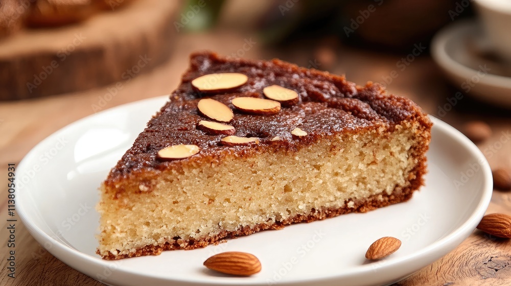 Coffee almond cake slice presented on a white plate surrounded by almond slices and whole almonds in warm natural setting. Coffee almond cake slice presented on a white plate surrounded by almond slices and whole almonds in warm natural setting.
