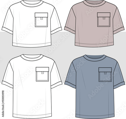 basic women and men vector t-shirt illustration with crewneck one pocket illustration fashion drawing. unisex t-shirt mock up.