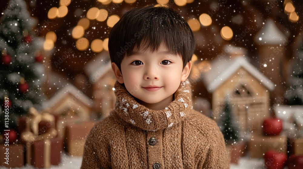 Cute asian boy with beautiful Christmas tree and lights with copy space. Cute asian boy with beautiful Christmas tree and lights with copy space.