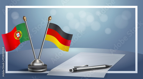 Portugal and Germany National flags on small table with bokeh background, cooperative relationship