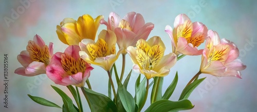 Spring bouquet of pink alstroemeria and yellow tulips on a pastel background ideal for greeting cards and floral-themed designs. photo