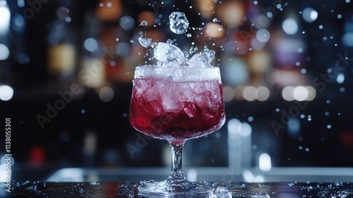 Refreshing cocktail with ice splash against a blurred bar background showcasing vibrant colors and dynamic water droplets photo