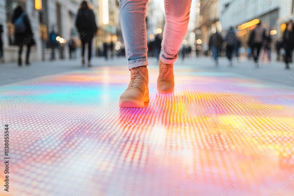 Fototapeta premium Strolling Through Illuminated Streets An Urban Experience of Light and Reflection