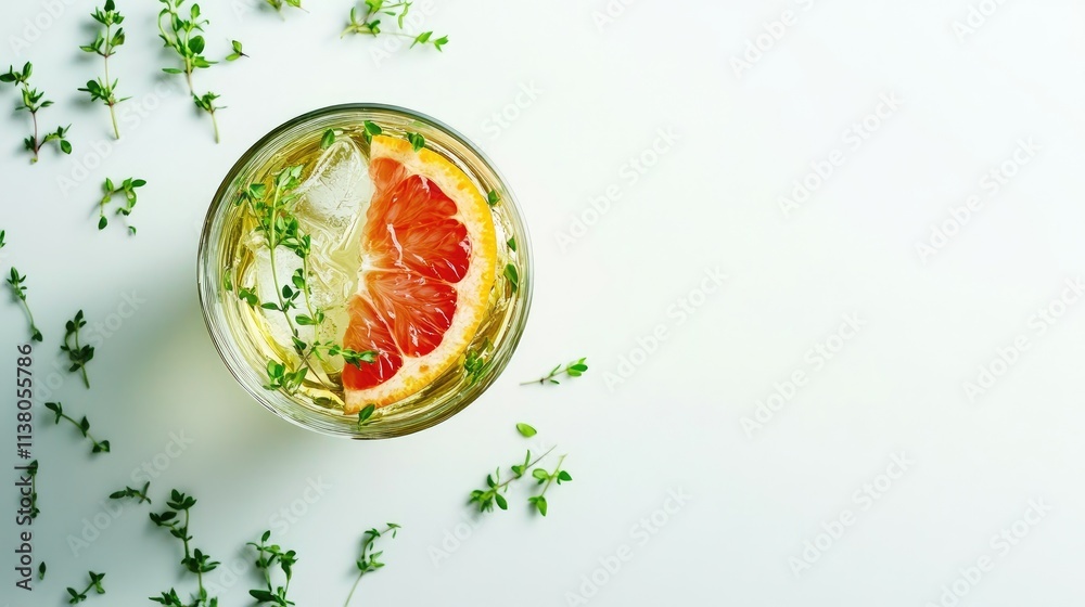 Refreshing grapefruit cocktail with thyme garnish on white background top view clean layout for beverage promotions and recipes Refreshing grapefruit cocktail with thyme garnish on white background top view clean layout for beverage promotions and recipes