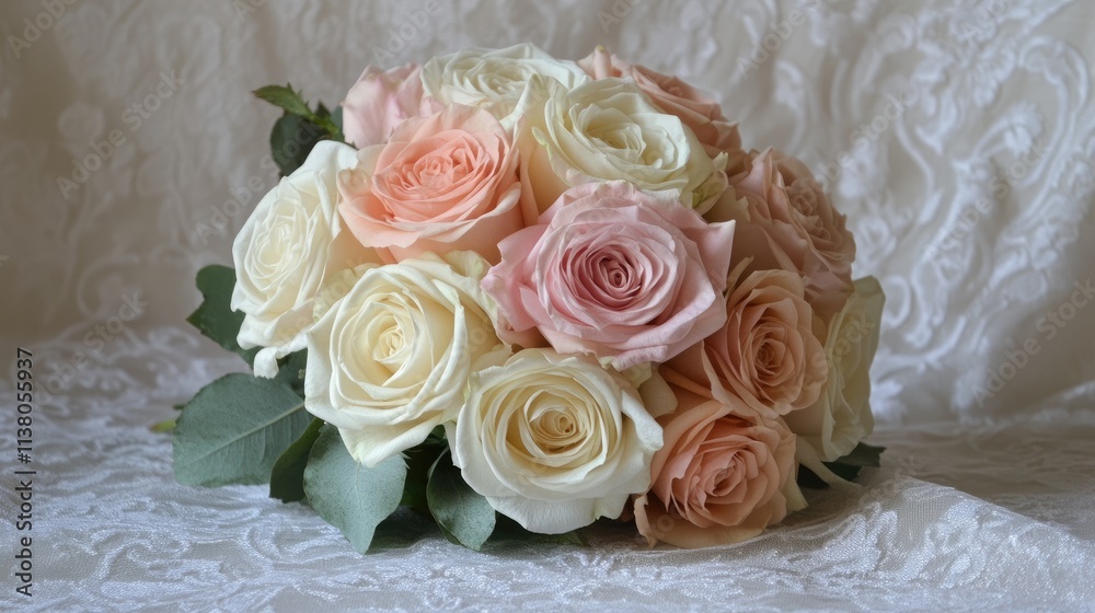 Elegant pastel rose bouquet with soft colors arranged on a delicate fabric background for a romantic or wedding theme.