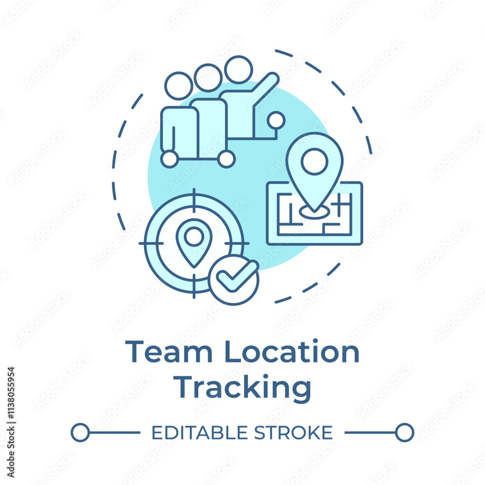 Team location soft blue concept icon. Real-time tracking and monitoring. Field service management. Round shape line illustration. Abstract idea. Graphic design. Easy to use in article Team location soft blue concept icon. Real-time tracking and monitoring. Field service management. Round shape line illustration. Abstract idea. Graphic design. Easy to use in article