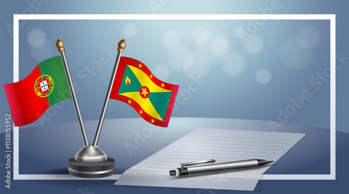Portugal and Grenada National flags on small table with bokeh background, cooperative relationship