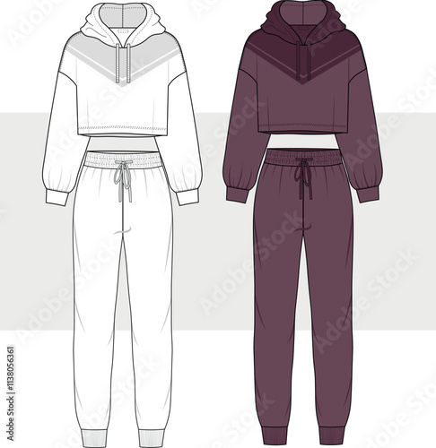 women's tracksuit set ladies crop top hoodie and jogging bottom technical drawing flat sketch vector illustration template. cad mockup.