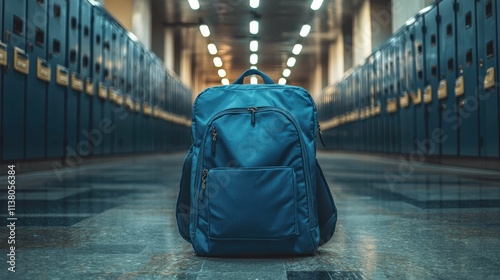 A blue backpack is positioned in the middle of a school hallway filled with lockers, showcasing a modern and practical design.