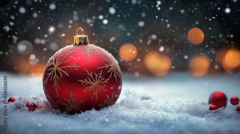 Festive red Christmas ornament on snowy ground, surrounded by soft snowflakes and warm lights in the background. Festive red Christmas ornament on snowy ground, surrounded by soft snowflakes and warm lights in the background.