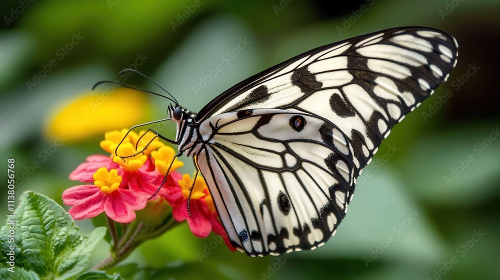 Black and white butterfly perched on colorful blooming flowers in green garden setting with sharp natural details. Black and white butterfly perched on colorful blooming flowers in green garden setting with sharp natural details.