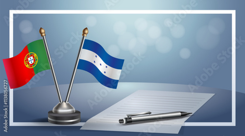 Portugal and Honduras National flags on small table with bokeh background, cooperative relationship