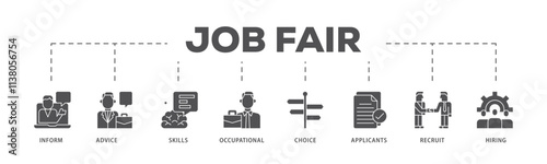 Job fair infographic icon flow process which consists of the information, advice, skills, occupational, applicants, recruit, and hiring icon live stroke and easy to edit .