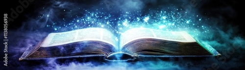 An enchanted book radiating cosmic energy, surrounded by vibrant stars and mystical light in a dark, ethereal setting.