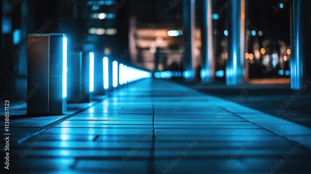 Fototapeta premium Illuminated pedestrian walkway at night featuring modern light fixtures and urban architecture creating a serene atmosphere