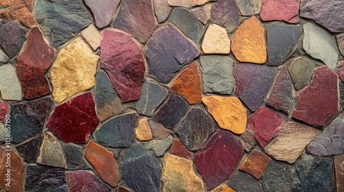 Colorful stone wall texture with varied shapes and tones creating a rustic and natural background design for artwork or construction projects photo