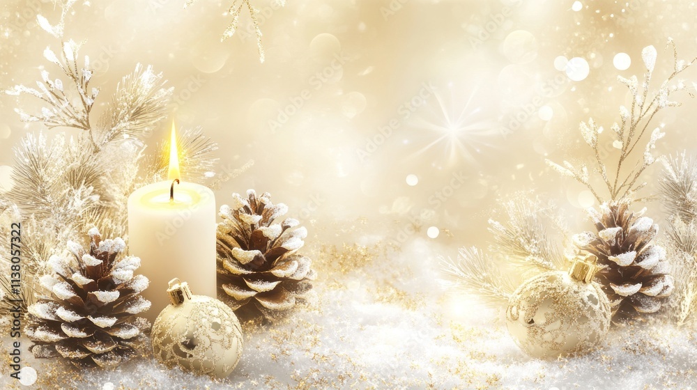 Festive Christmas candle, pine cones, ornaments, and snow on a gold background. Festive Christmas candle, pine cones, ornaments, and snow on a gold background.