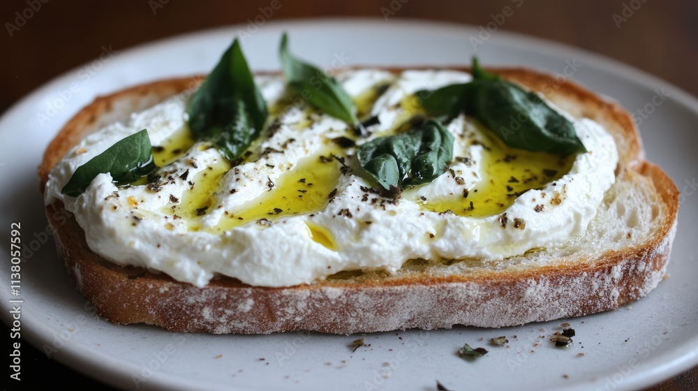 Sliced bread with creamy topping of cream cheese olive oil and fresh basil leaves on a white plate Sliced bread with creamy topping of cream cheese olive oil and fresh basil leaves on a white plate