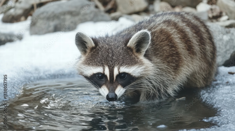 Raccoon drinking water in a puddle in winter Raccoon drinking water in a puddle in winter