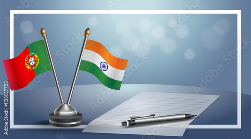 Portugal and India National flags on small table with bokeh background, cooperative relationship