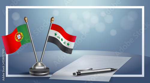 Portugal and Iraq National flags on small table with bokeh background, cooperative relationship