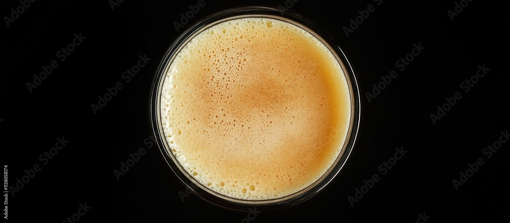 Close up top view of a glass of light beer with foam on a dark background showcasing texture and color details.