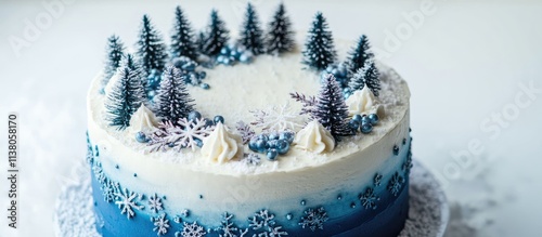 Winter-themed round cake with blue icing, decorated with spruce branches and edible snowflake embellishments on a white background. photo