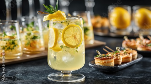 Refreshing alcoholic lemon cocktail garnished with fresh lemon peel served alongside elegant finger food on a stylish table setting photo