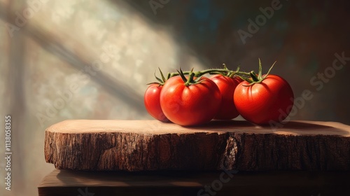 Freshly harvested red tomatoes resting gracefully on rustic wooden surface with soft natural light creating a warm and inviting atmosphere