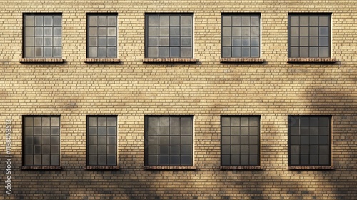 Beige brick facade with dark rectangular windows creating a modern architectural background texture for design projects photo