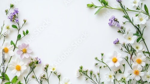 A white background with white and purple flowers and green leaves on the sides.