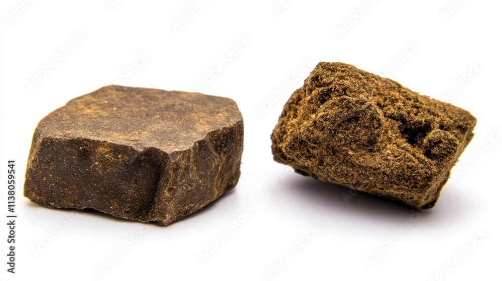 Obraz premium Hashish pieces of 10 grams and 20 grams isolated on white background illustrating retail unit quantities for cannabis products