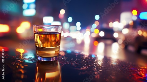 Police conducting a breathalyser test on a suspected drunk driver with a blurred city night background and a glass of whisky in focus. photo