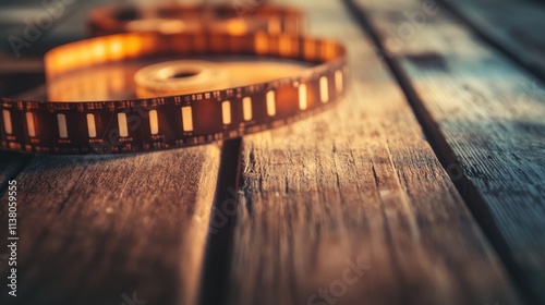 Vintage 35mm film reel on wooden surface with blurred camera background showcasing film photography and development concept for creative hobbies photo