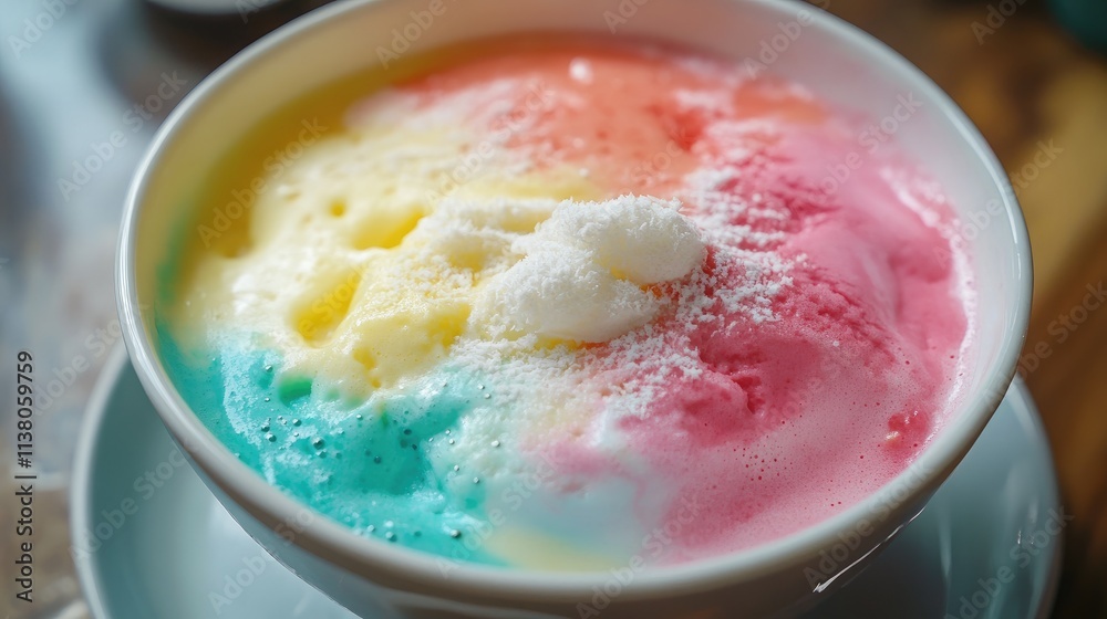 Colorful layered dessert in creamy coconut milk served in a bowl with a sprinkle of sugar on top and a vibrant presentation. Colorful layered dessert in creamy coconut milk served in a bowl with a sprinkle of sugar on top and a vibrant presentation.
