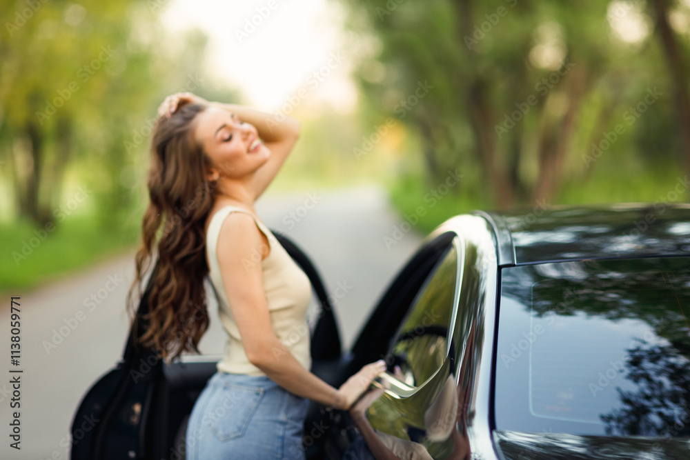 Happy woman driver at car smiling. Cute young happy brunette female driving car vehicle Happy woman driver at car smiling. Cute young happy brunette female driving car vehicle
