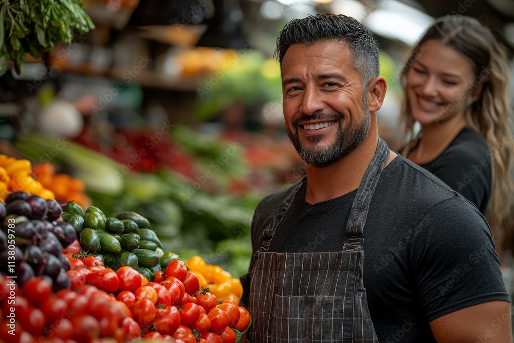 A supermarket stocker arranging fresh produce on a colorful display, focusing on neatness and presentation. Generative AI A supermarket stocker arranging fresh produce on a colorful display, focusing on neatness and presentation. Generative AI