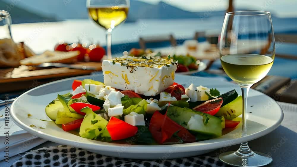 Greek salad against the backdrop of the sea. Selective focus. food. Greek salad against the backdrop of the sea. Selective focus. food.