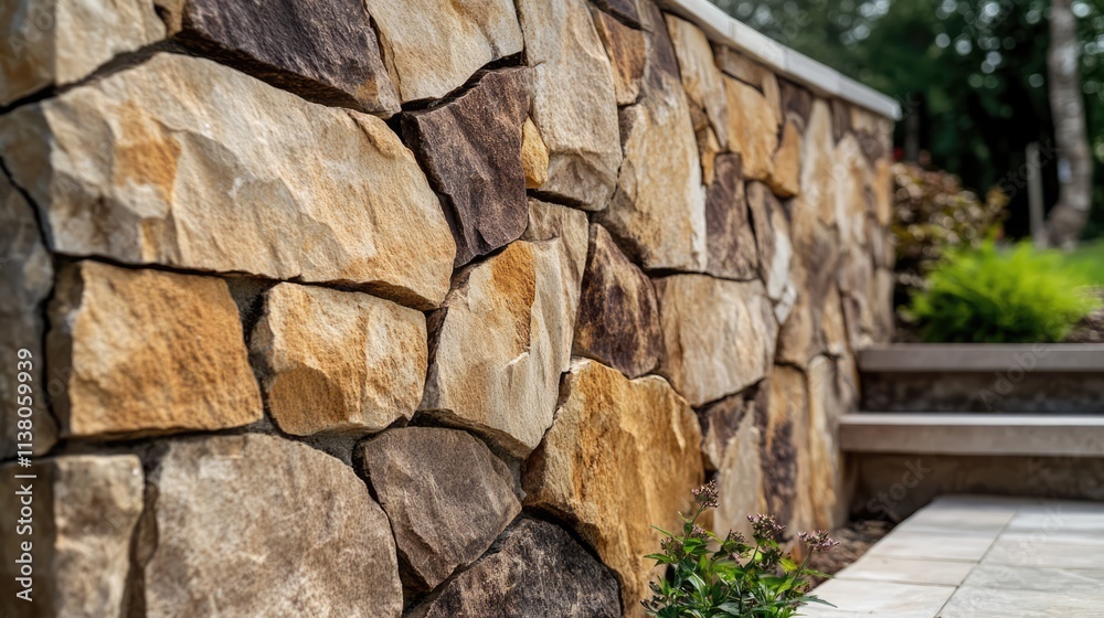 Textured natural stone wall with steps and greenery in a serene outdoor setting creating a warm and inviting atmosphere Textured natural stone wall with steps and greenery in a serene outdoor setting creating a warm and inviting atmosphere