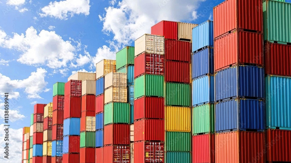 Fototapeta premium Colorful Cargo Containers Stacked at Port under Blue Sky and Clouds