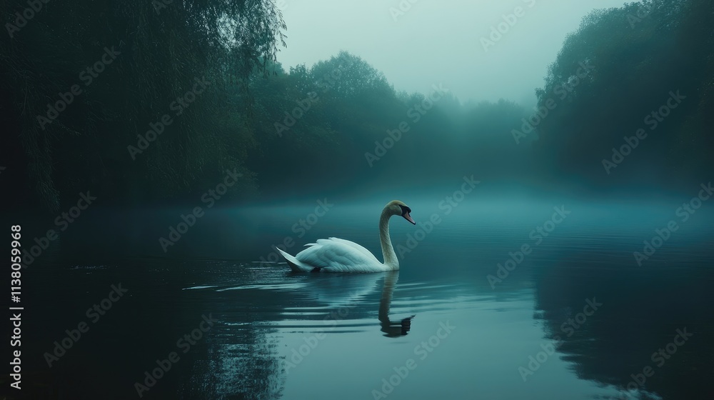 Fototapeta premium Elegant white swan gliding through misty river waters surrounded by lush greenery in a serene natural landscape