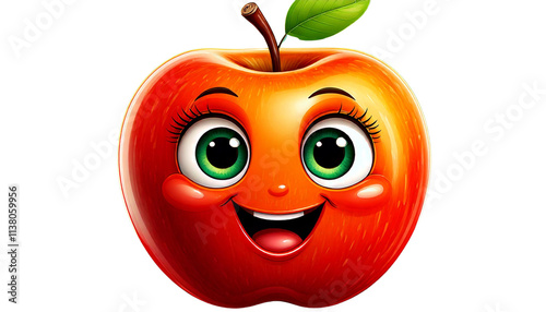 Smiling Apple Emoji with Big Eyes on a White Background