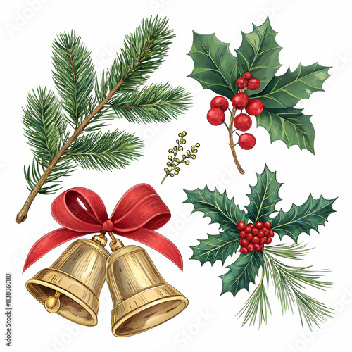 classic christmas decoration with golden bells, holly leaves, pine branches, and red ribbon on white background
