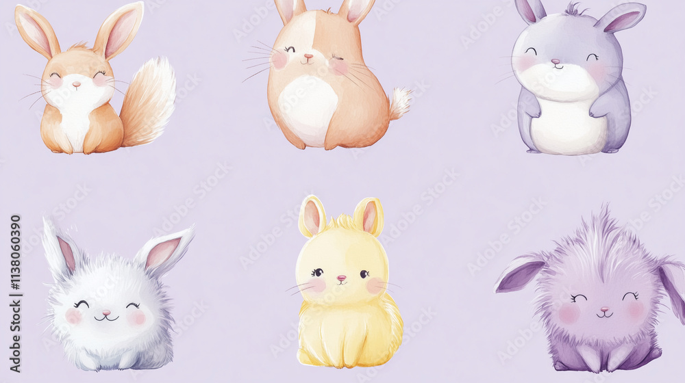 Cartoon animals in pastel colors, each with a playful expression, set against a light background. Cartoon animals in pastel colors, each with a playful expression, set against a light background.
