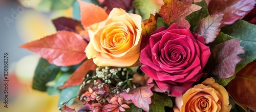 Autumn floral bouquet with vibrant roses and colorful maple leaves creating a seasonal centerpiece for home decor