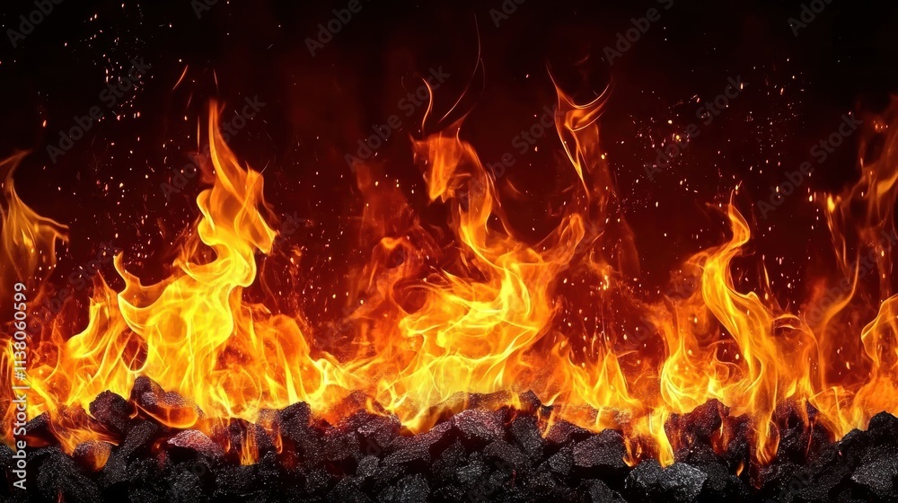 Captivating flames dancing above dark embers, creating a warm and intense ambiance for various design projects. Captivating flames dancing above dark embers, creating a warm and intense ambiance for various design projects.