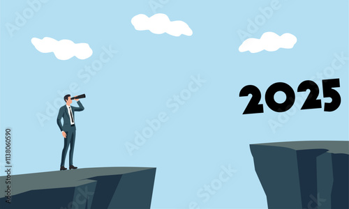 Businessman with telescope standing on a cliff looking toward 2025 across a gap. Concept of vision, planning, challenges, and opportunities for the future. Ideal for business, success, and leadership 