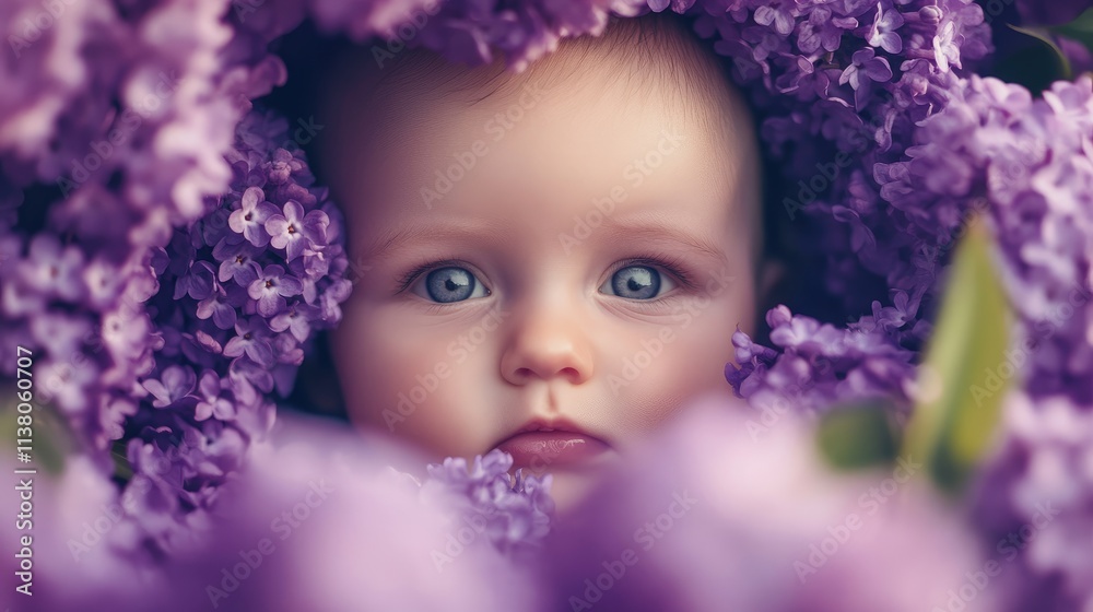 Baby nestled among vibrant purple flowers, gazing with curiosity while awaiting nurturing maternal care in a serene natural setting. Baby nestled among vibrant purple flowers, gazing with curiosity while awaiting nurturing maternal care in a serene natural setting.